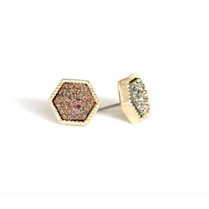 Druzy Stone Gold Tone Hexagon Stud Earrings W/ Multi Color Stones- NEW